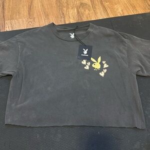 Light washed playboy bunny cropped short sleeve shirt